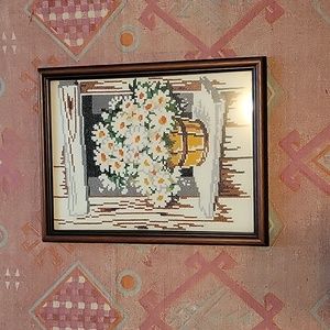 Vintage Needlepoint Daisy Cross Stitch Wall Art